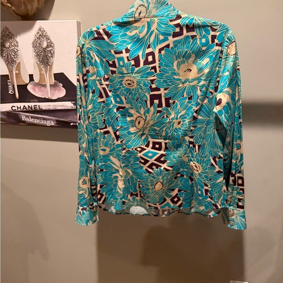 Etcetera by Carlisle Teal/White Floral Long sleeve Button Blouse Size 12/Large - Picture 11 of 13